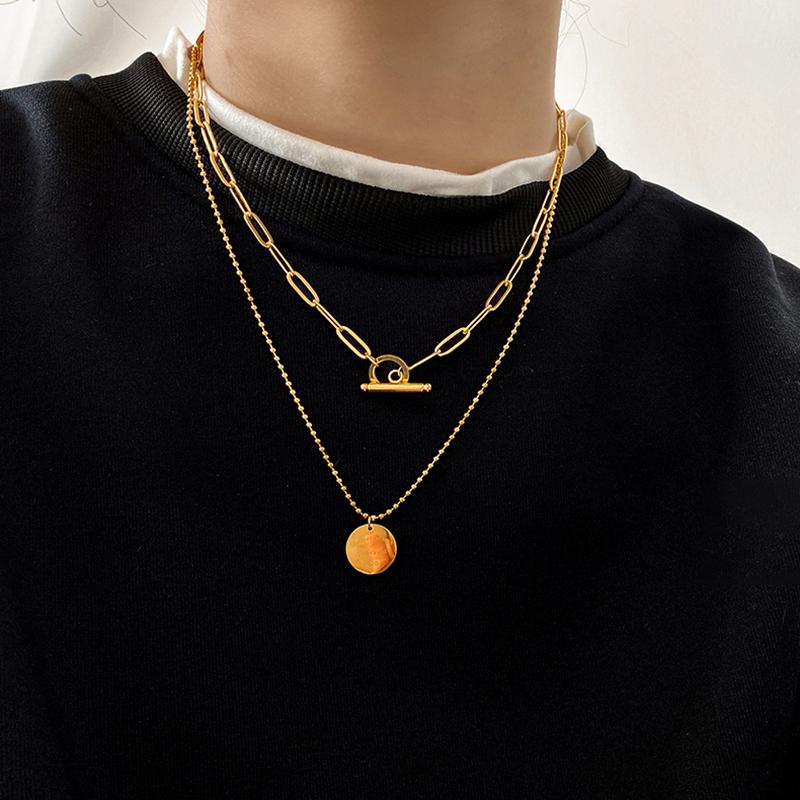 

Pendant Necklaces Lifefontier Layered Round Necklace For Women Men Gold Color Stainless Steel Link Chain Couple Jewelry Gift 2021, Silver