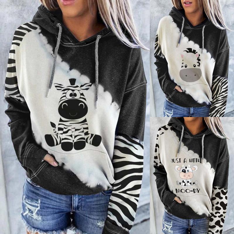 

Women's Hoodies & Sweatshirts 2021 Fashion Women Long Sleeve Color Block Cow Print Pockets Sweatshirt Hooded Top F Prints In Europe And Amer, Black