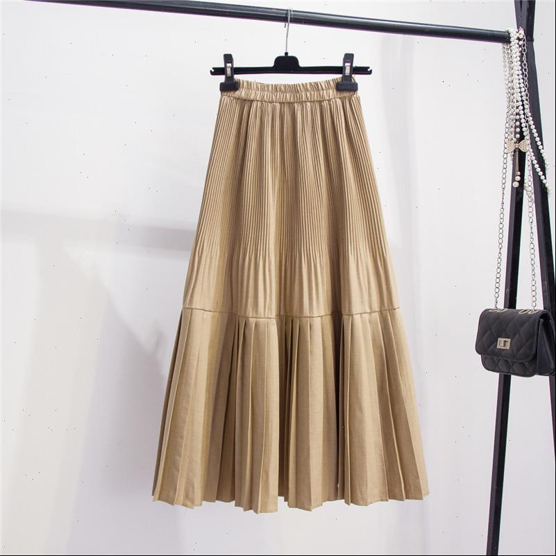 

Autumn Women Skirt Solid Color Large Swing High Waist Pleated In The Long Section Stitching A line PB436, Black
