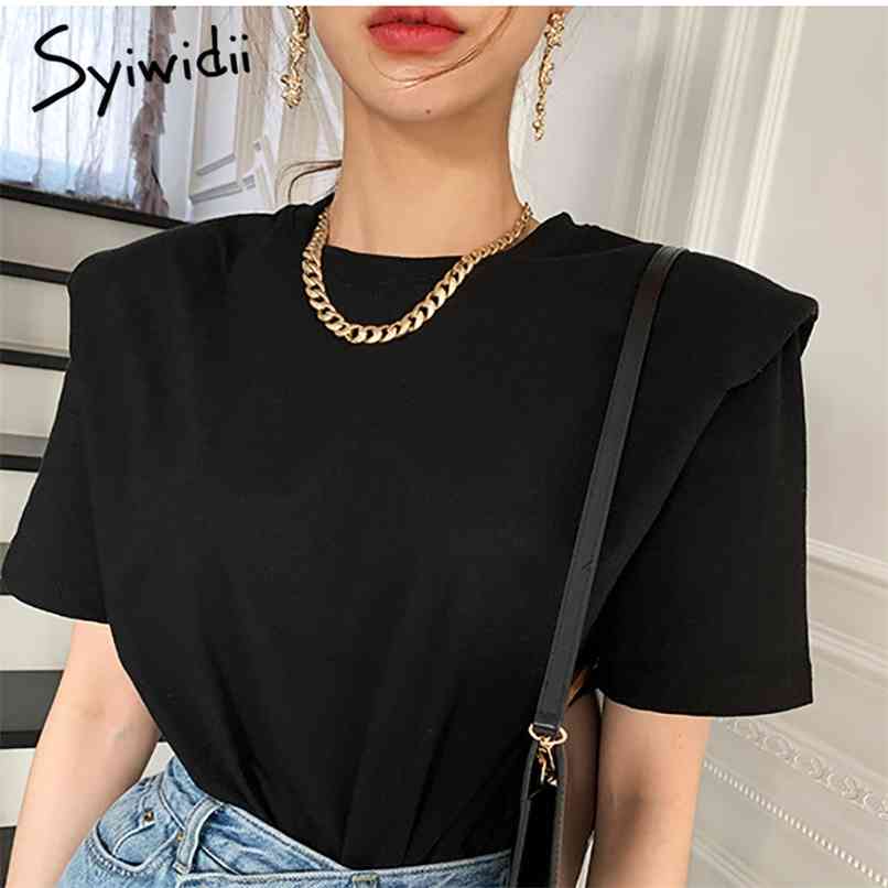 

T-shirts with Shoulder Pad Women Short Sleeve Tops O-Neck Black Loose Summer Cotton Korean Fashion White Shirts 210607