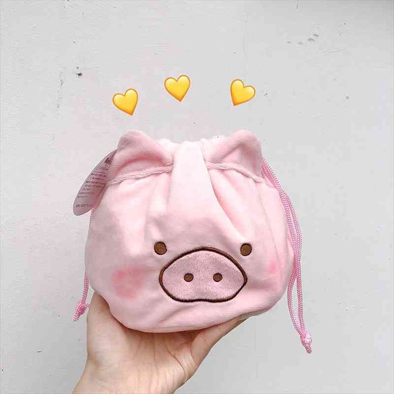 

flannel pig string cosmetic bag case girls pink make up women travel korea plush drawstring storage
