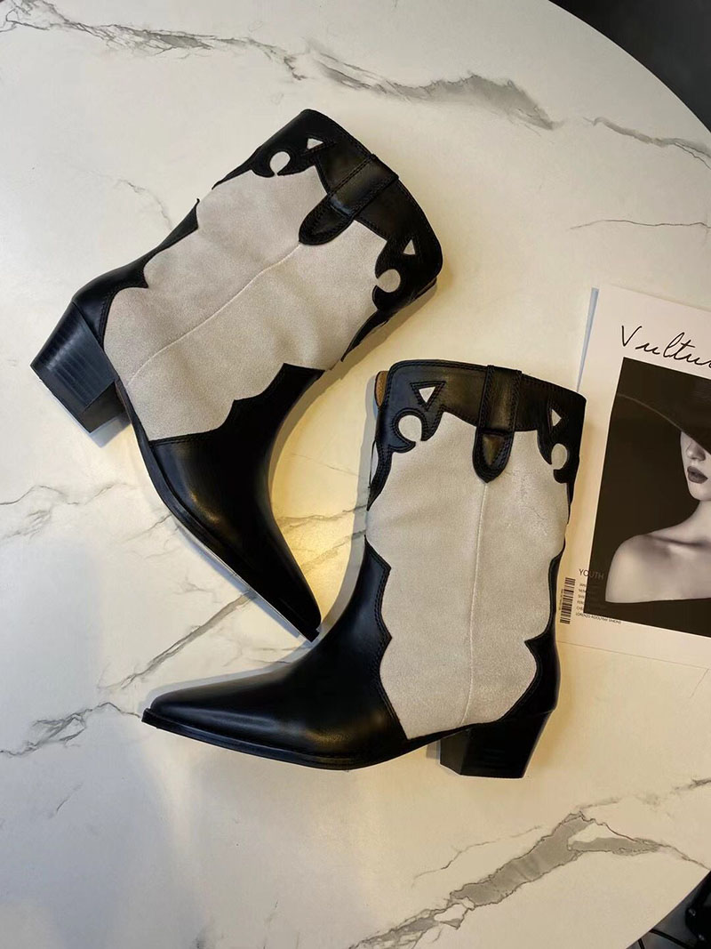 

Autumn womens Half Boots black white Light Tan Mixed Color Leather pointed toe booties classic chunky low heels Cowboy Western Slip On Boot, Grey