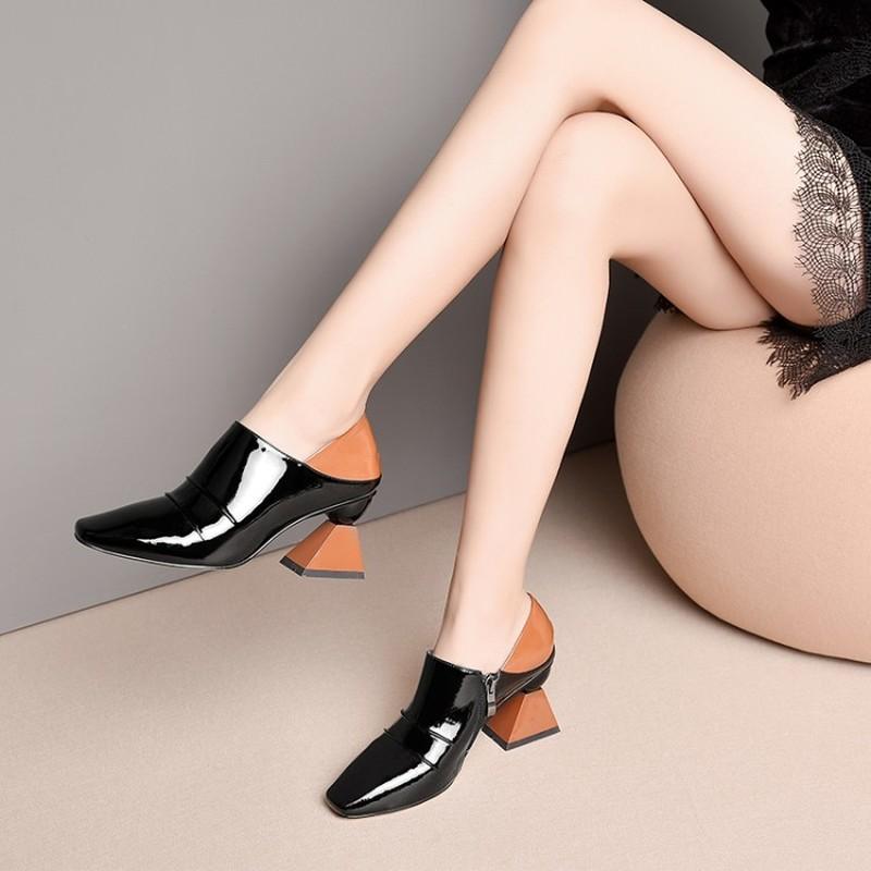 

Dress Shoes Strange Style Heel High Pumps Women Square Toe Zip Footwear Patent Cow Leather Female Mules Party Woman Spring 2021, Black
