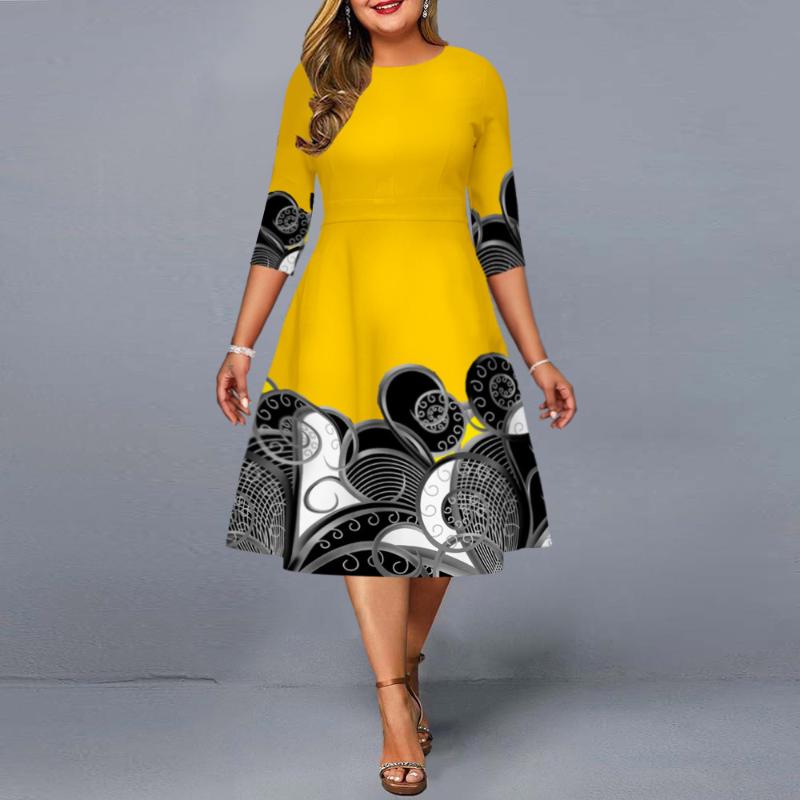 

Plus Size Dresses Women Casual Dress Party 2021 Elegant Tribal Print Midi Ladies Round Neck Christmas Evening Outfits 5XL, Black
