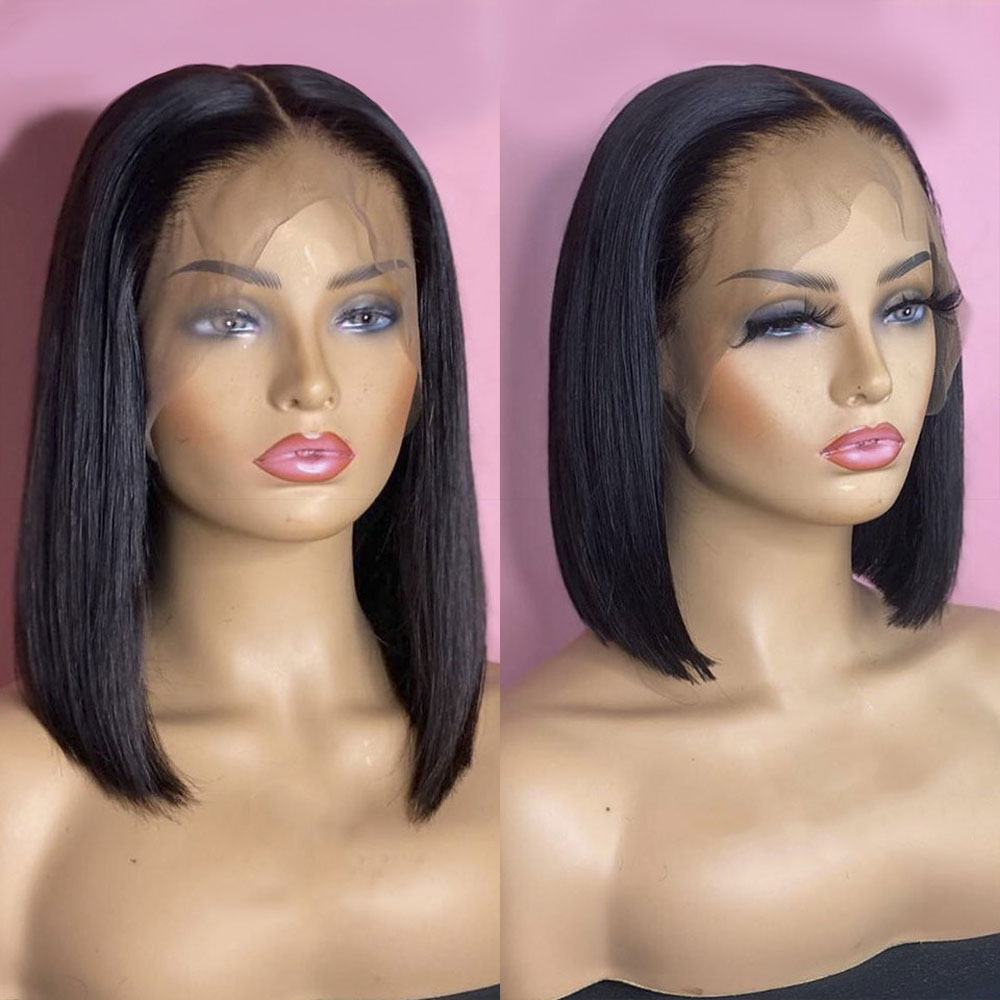 

4X4 Straight Closure Short Bob Wig Brazilian 13x4 Straight Lace Frontal Human Hair Wigs for Black Women T Part Lace Bob Human Hair Wig Pre Plucked, As the picture shows