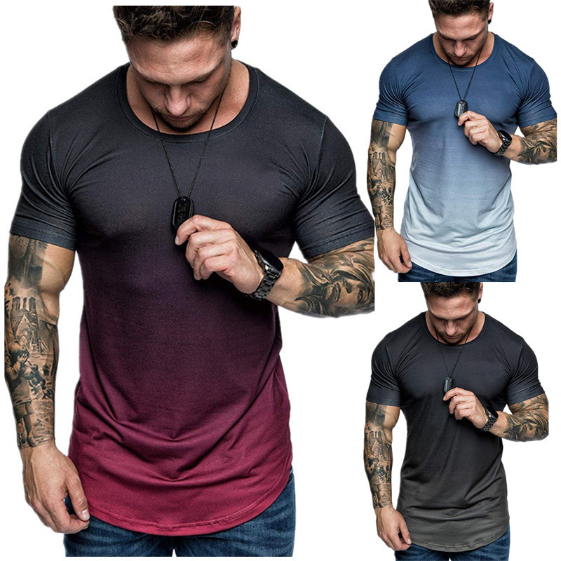 

2021 summer gradient 3D digital printing round neck short sleeve T-shirt loose casual men' wear, T-shirt - gradient red and black