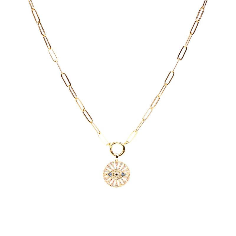 

Pendant Necklaces Fashion Inlaid Colorful Zircon Round Hollow Out Turkish Evil Eye Necklace CZ Adjustable For Women Jewelry Gift, Silver