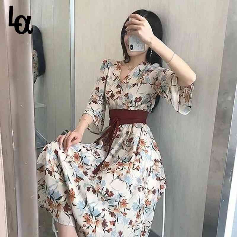 

Summer Elegant High Waist Korean Three Quarter Sleeve Vintage Floral Print Retro Long Dress Fashion Clothing 210519, White