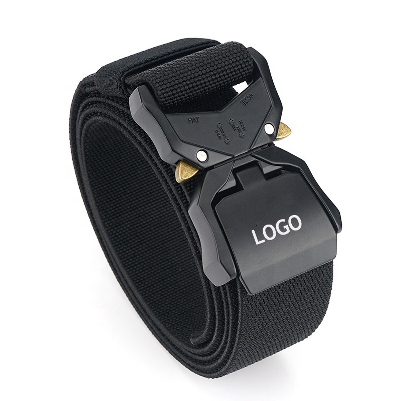 

New Custom Outdoor Aluminum alloy buckle Army Military Belt Fashion Adjustable Tactical Elastic Fabric Web Nylon Mens Belt, Black
