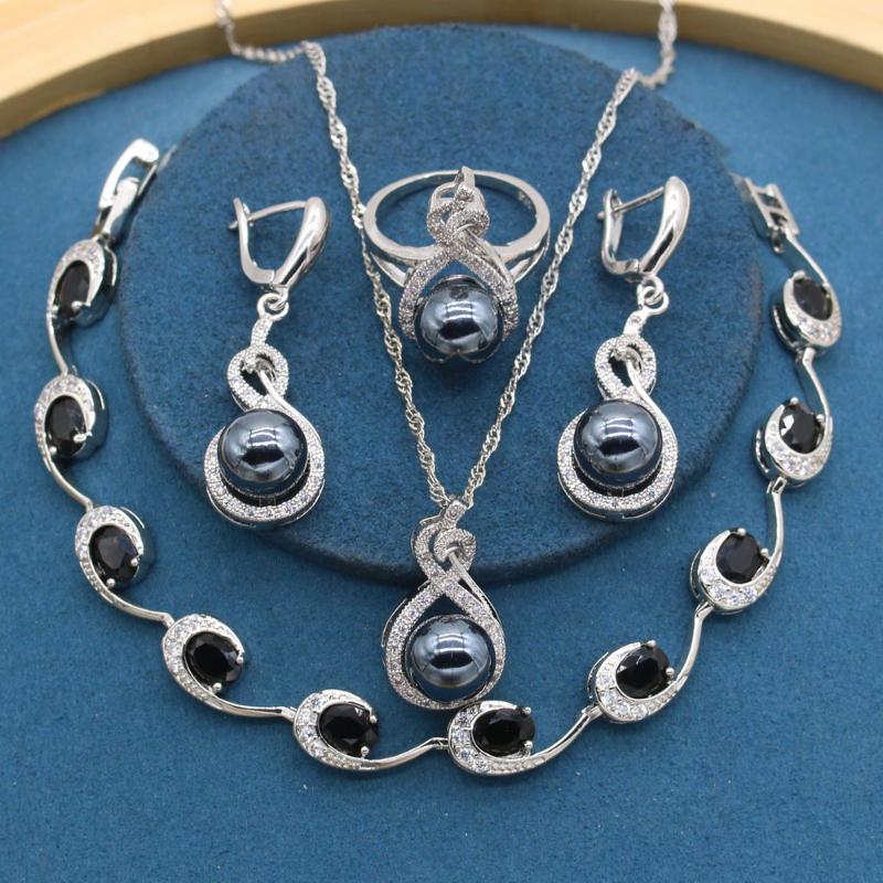

Earrings & Necklace Classic Freshwater Black Pearl Silver Color For Women Jewelry Sets Pendant Ring Zirocnia Bracelet Gift Box