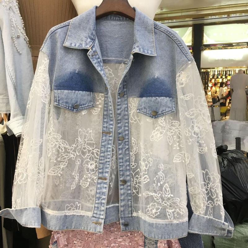 

Women's Jackets Embroidered Denim Coat Women Clothing 2021 Short Loose Long Sleeve Outwear Vintage Sexy Lace Patchwork Jeans Jacket Female, Blue