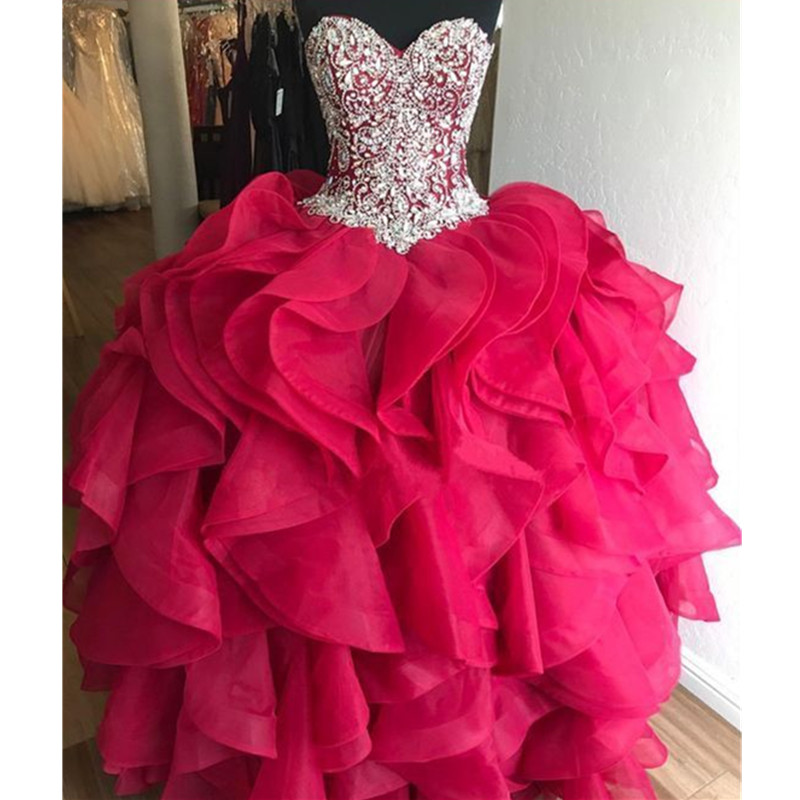 

Luxury Strapless Bead crytal Quinceanera Dresses Ball Gown Ruffles Prom Sweet 16 Dress Vestidos 15 anos, Custom made from color chart