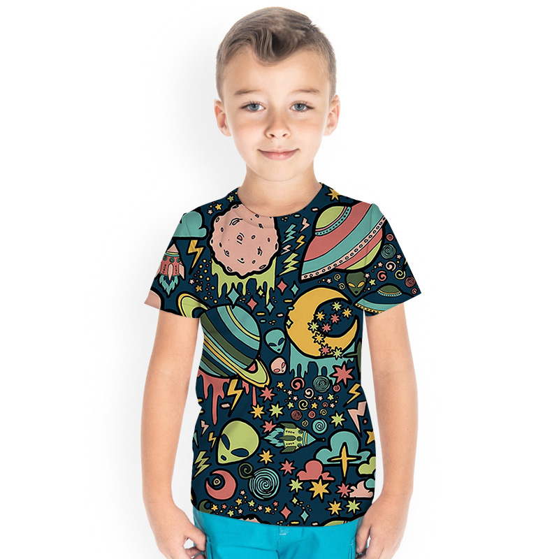 

Cartoon Planet Design Children 3D Printing T-shirt Animal Print Summer Daily Sports Shirt Round Neck Short Sleeve High Quality, Blue