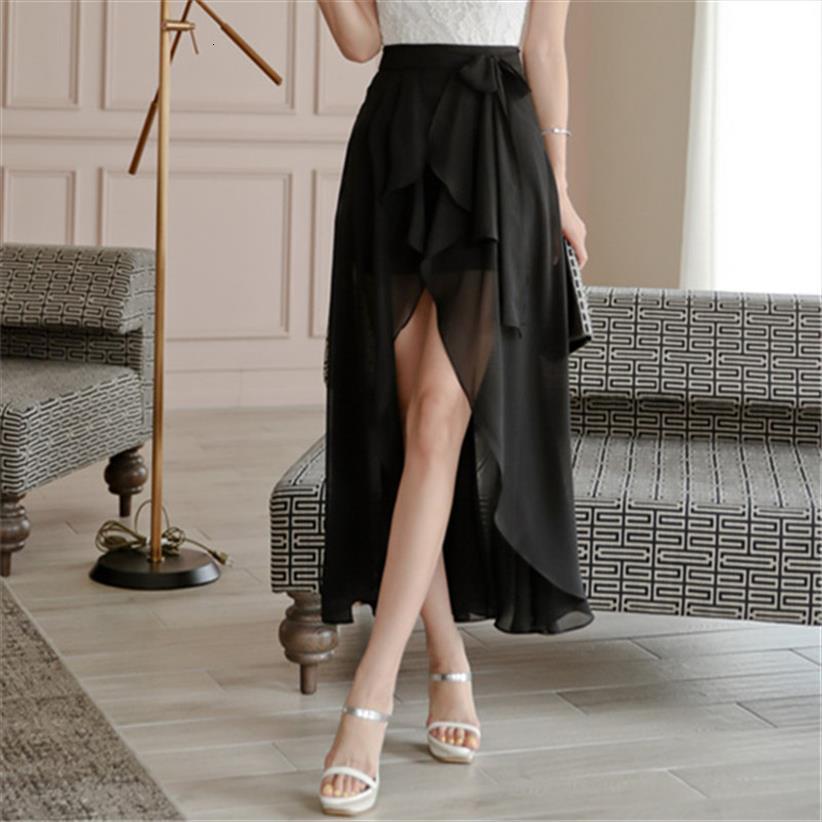 

vintage chiffon long asymmetrical women skirts loose solid high waist ruffles female elegant office lady 10 colors, Black