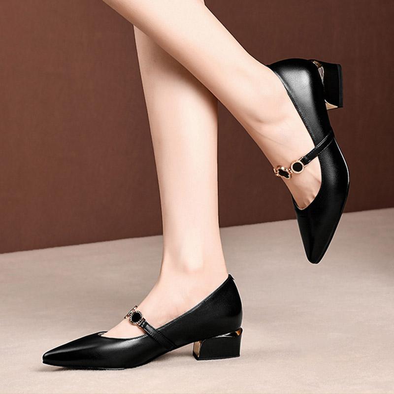 

Dress Shoes Women Mary Janes Pointed Toe Slip On Low Heels Metal Pumps Gun Zapatos Mujer Ladies Boat N7801L, Black