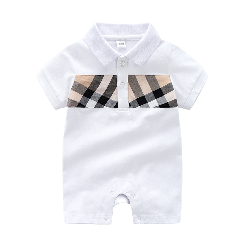 

Summer Newborn Baby Clothes Cotton Plaid Lapel Short Sleeve New Borns Baby Girls Rompers Boys Jumpsuit, White