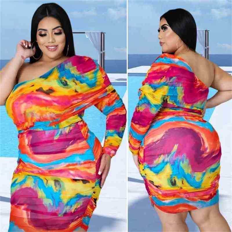 

One Shoulder Long Sleeve Dresses For Women Arrival Tie Dye Slim-Fit Fashion Elegant Mini Dress Wholesale Plus Size 3XL 210525, Multi
