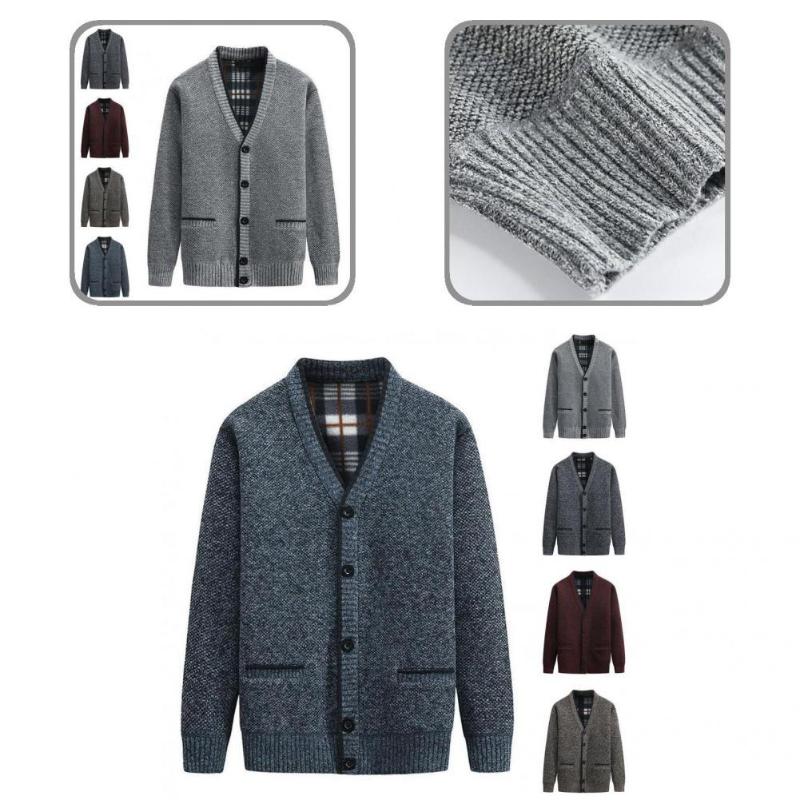 

Men's Sweaters Autumn Winter Trendy Fleece Lining Solid Color Cardigan Sweater Vintage Jacket Ribbed Cuff Outerwear, Blue grey