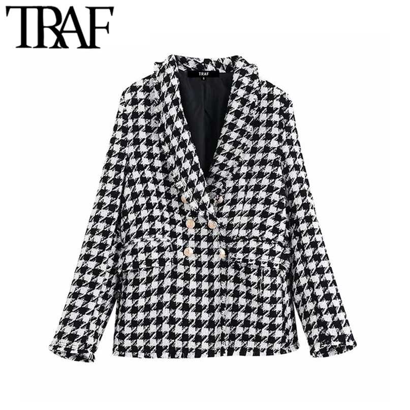 

TRAF Women Tops Vintage Houndstooth Double Breasted Blazer Coat Fashion Long Sleeve Frayed Trims Outerwear Chic Plaid Jacket 211019, As picture