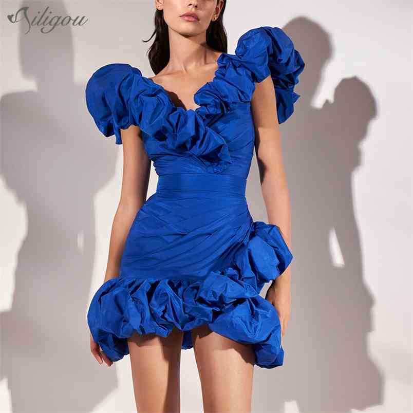 

High Quality Women' Blue Casual Dress V-neck Sleeveless Ruffle Irregular Hem Sexy Mini Female Summer Fashion 210525, Black