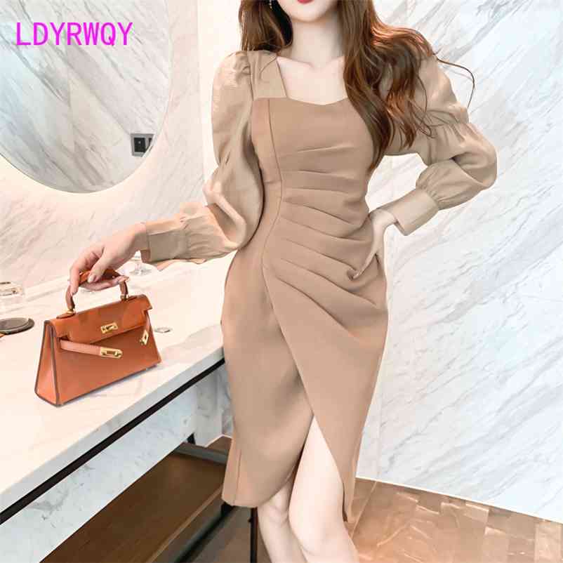 

autumn and winter women's temperament square collar slim irregular dress Korean version Solid Zippers 210603, Black