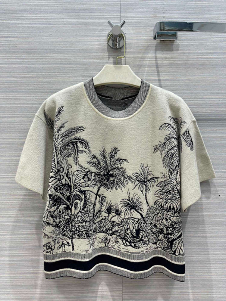 

Embroidery Coconut Runway Tree Design Knit Tops Tee Spring Summer Cashmere Wool Blends Stripe Patchwork Women T-shirt, White