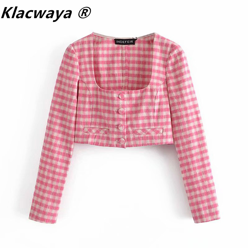 

Woman Summer Za Pink Plaid Crop Top Women Vintage Single-Breasted Square Neck Long Sleeve Sweet Short Tops 210521