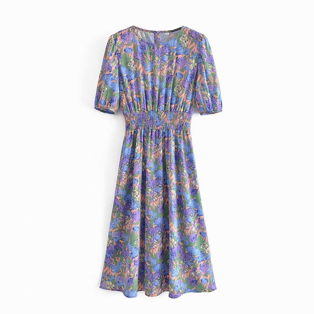 

Women Summer Dress Arrival Short Sleeve O-Neck Shirred Waist Midi Sundress 210602, As photo
