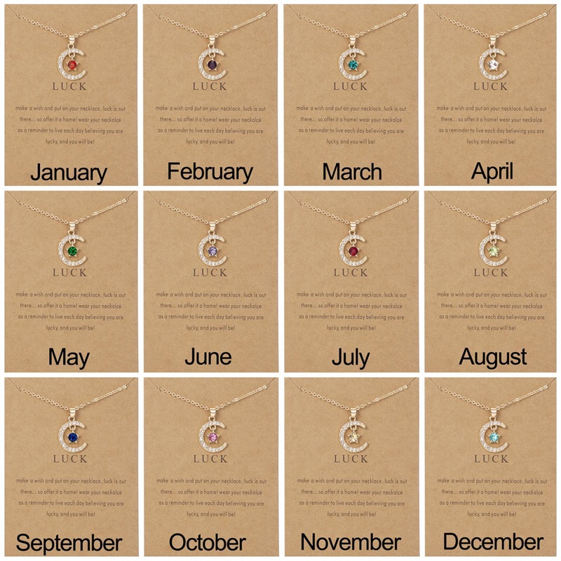 

Birthstone Month Moon Star Pendent Necklaces 12 Months Luck Necklace with Paper Card For Couple Women Girls Gift C3