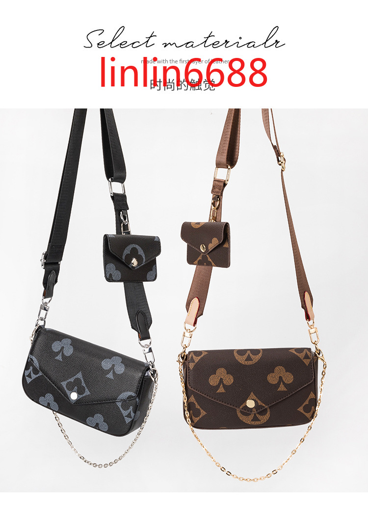 

High-quality messenger bag female #2123# Korean Big poker pattern casual wild wide shoulder strap small square bags brand printing two-piece chain shoulder handbag, Black big poker pattern