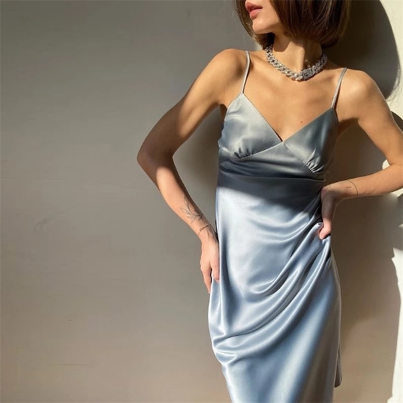 

Women Satin Deep V Neck Sexy Dress Solid Straight Pajamas Party Dress Elegant Female Summer Spaghetti Strap Dress Casual 210518, Blue