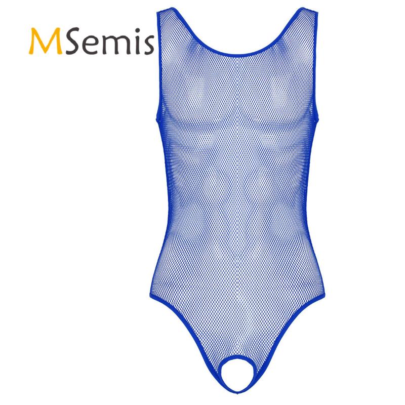 

Mens Lingerie Crotchless Bodysuit Hollow Out Fishnet One-piece Scoop Neck Sleeveless Open Crotch Leotard Nightwear Suits