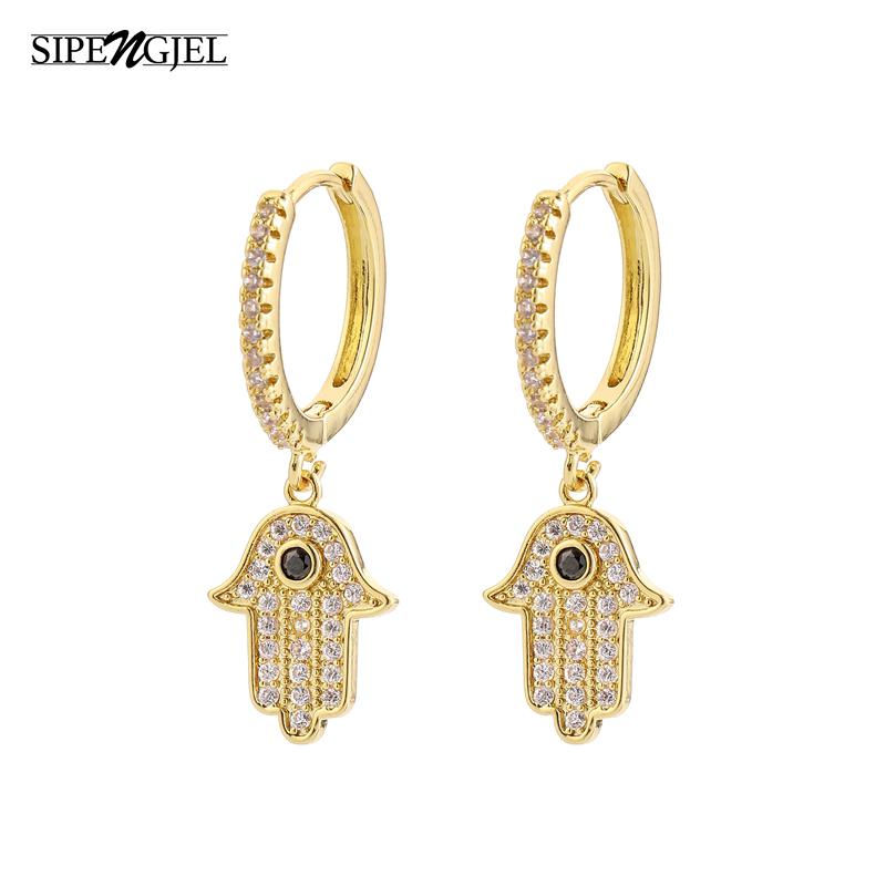 

Stud SIPENGJEL Fashion Gold Fatima Hand Hoop Earrings Black Crystal Huggie For Women Set Hypoallergenic Jewelry Gift 2021, Golden;silver