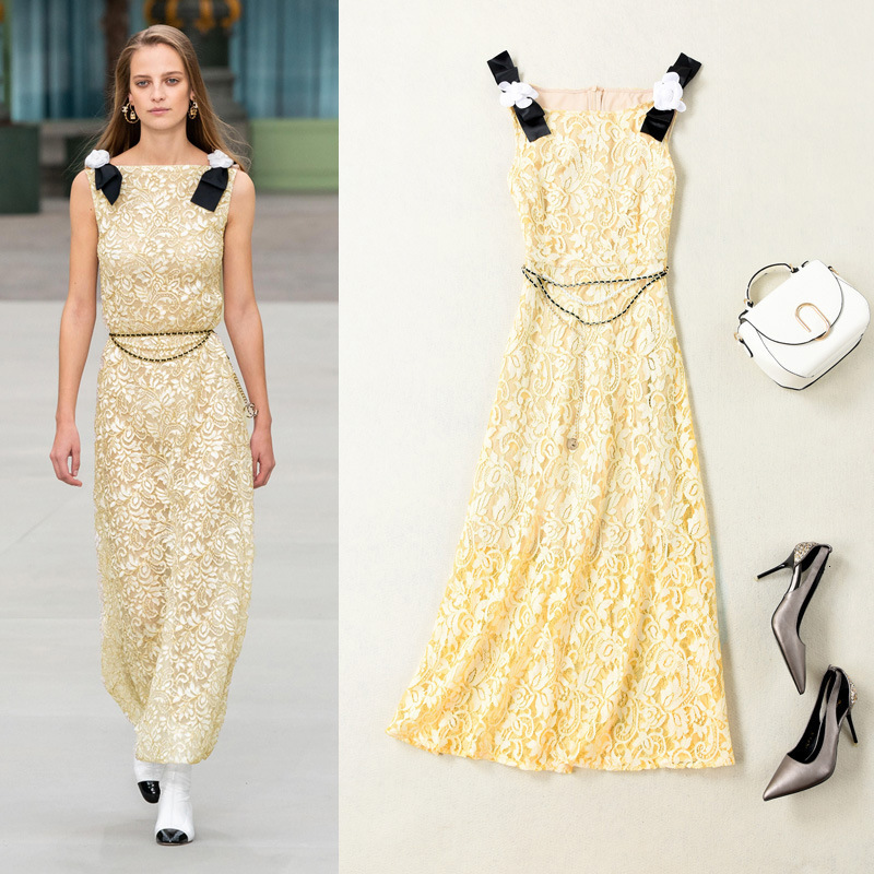 

dress women's xiaoxiang 2021 summer yangmi camellia lace slim sleeveless fashion, White;black