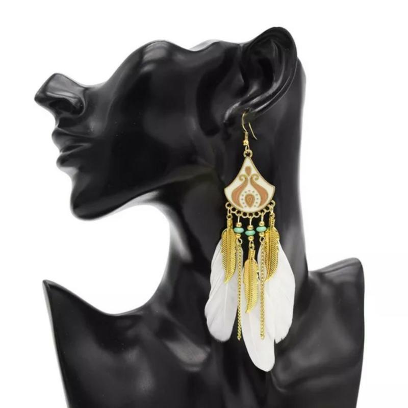 

Dangle & Chandelier Fashion Women White Boho Feather Earrings Tibetan Jewelry Brincos Bijoux Vintage Bohemia Long Chain&Leaf Tassel Drop