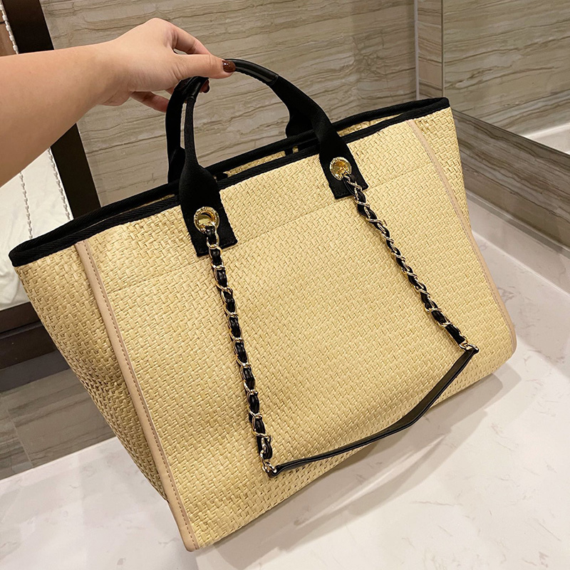 

Luxurys Designers Medium Bags 38x28cm Large Capacity Beach Shopping Travel Crossbody Women Shoulder Handbags Crocheted Braided Straw Raffia Deauville Chain Tote, Black