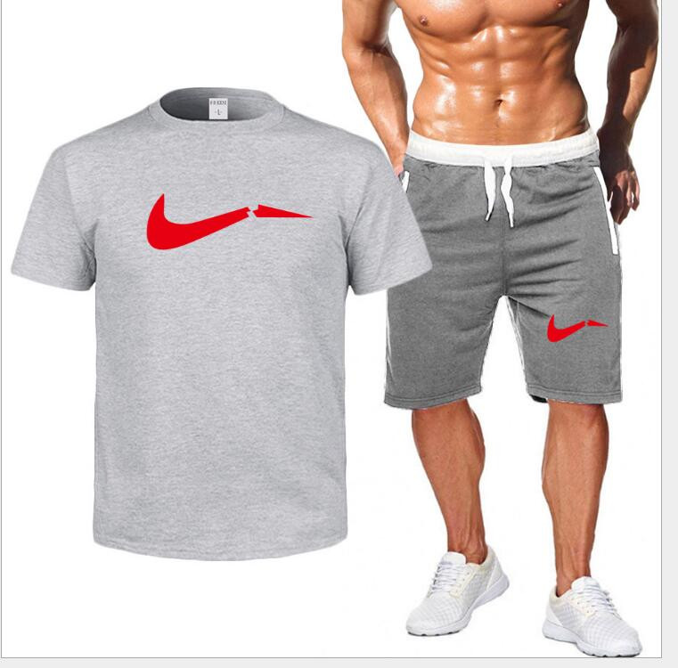 

2021 Men Leisure Tracksuit Set Sportswear Short Sleeve black T-Shirt + Trousers 2 Piece Summer Cotton Breathable Plus Size S-2XL, Gray