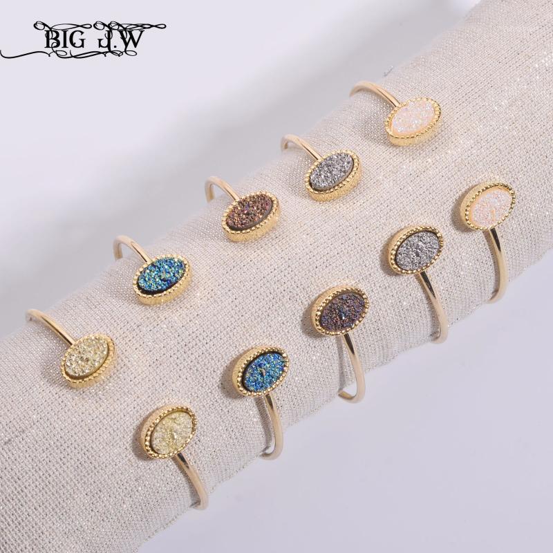 

J.W 2021 Fashion Gold Color Alloy Oval Druzy Faux Stone Women's Bracelets On Hand Open Bangle Cuff For Women Gifts