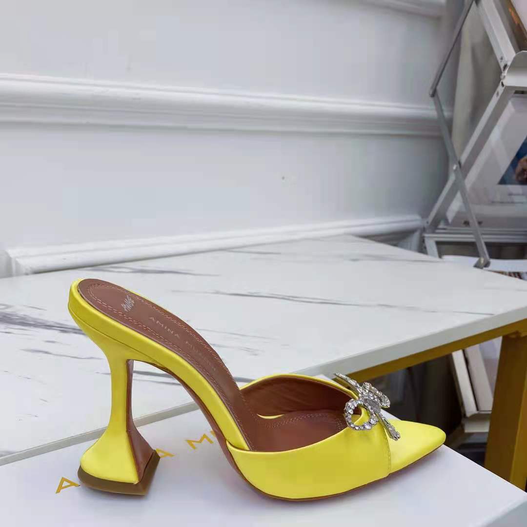 

Yellow Satin Amina Italy Muaddi Mules Slippers 95mm Crystal-embellished Pyramid Heel Shoes, Black