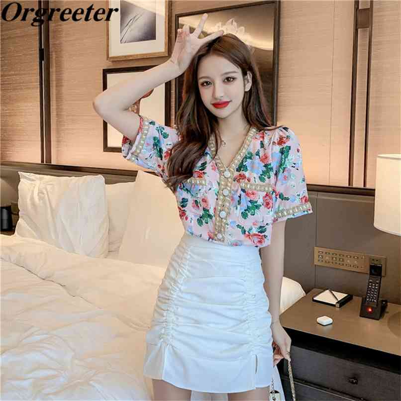 

V-neck Floral Printted Women's Shirt Skirts Two piece Sets Female Summer Braided trim Chiffon Blouse Tops With Denim Skirt Suits 210602, White skirt