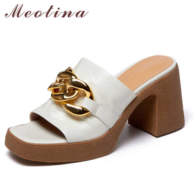 

Meotina Women Slippers Shoes Genuine Leather Sandals Platform High Heel Sandals Thick Heel Slides Square Toe Lady Footwear White 210608, Yellow