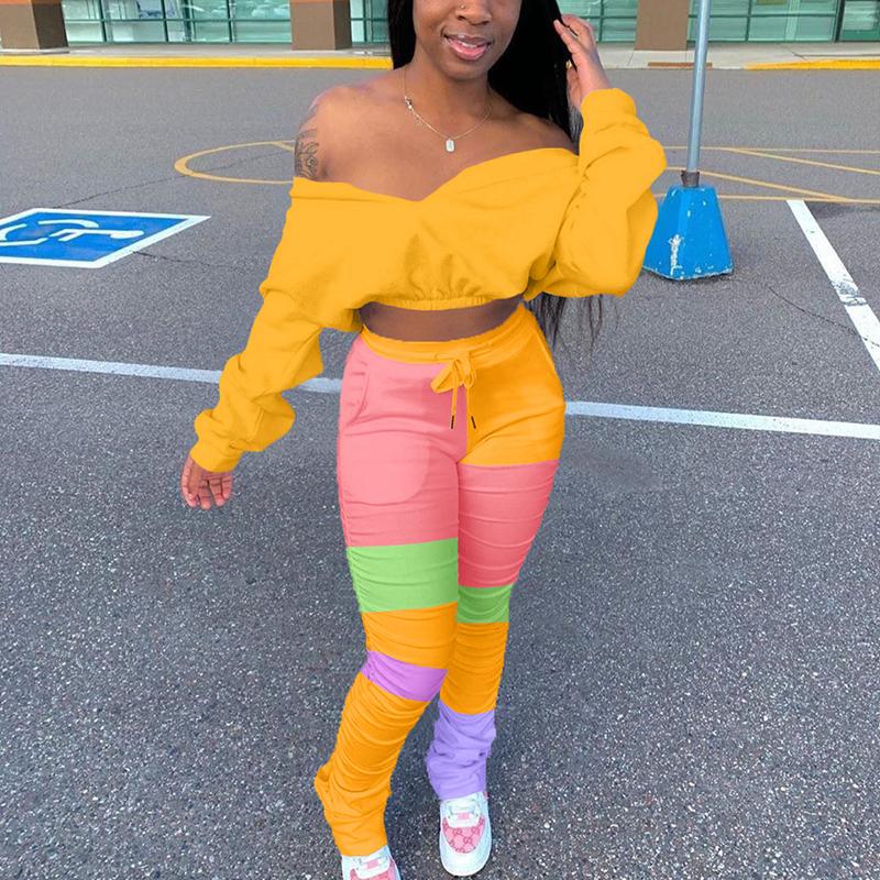 

Women Casual Clothing Set 2pcs Tracksuit Solid Color Long Sleeve Off Shoulder Crop Tops High Waist Training Pants Sportswear Gym, Blue