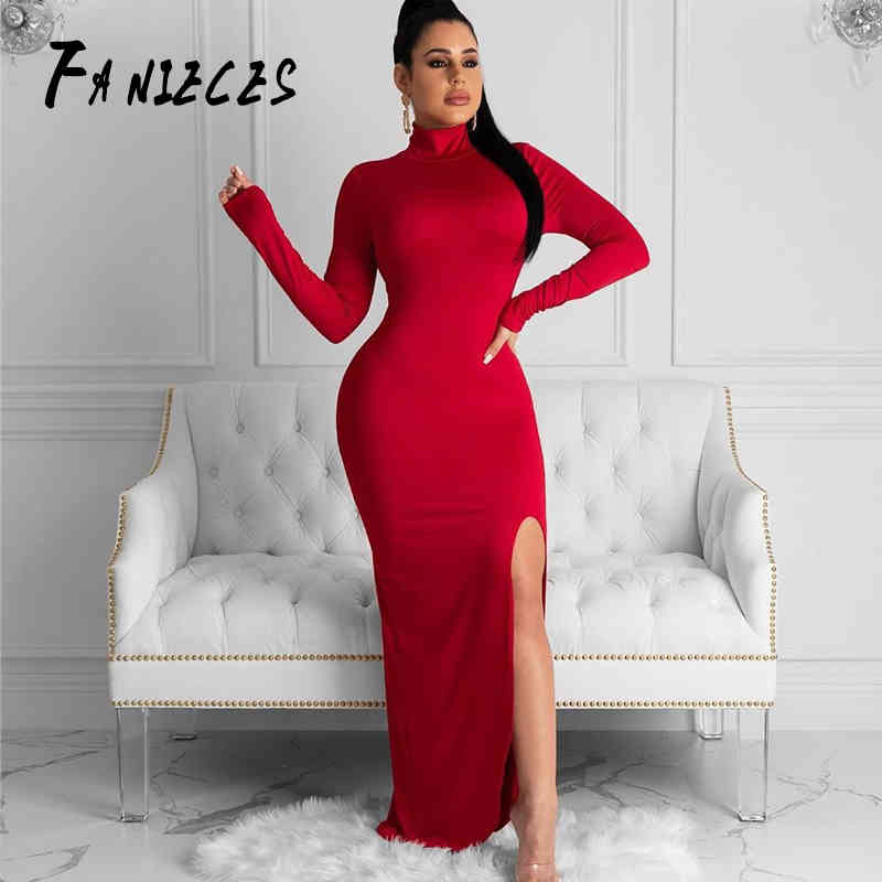 

Long Sleeve dress Women high slit es Sexy Turtleneck club party Maxi black Red green vestido drop ropa mujer 210520