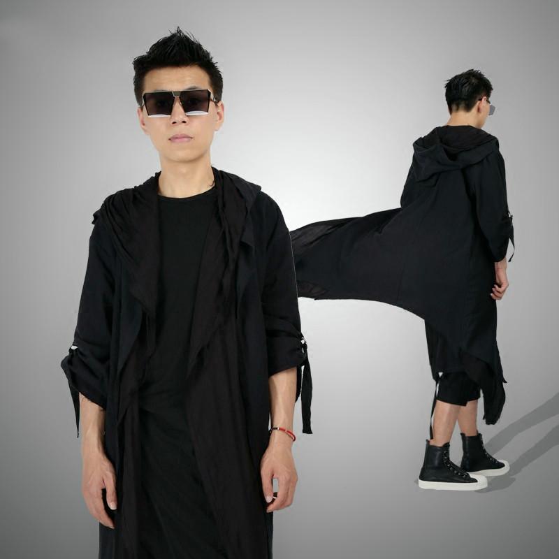 

Men's Trench Coats 2021 Fashion Original Long Cardigan Windbreaker Cloak Loose Linen Robe Personality Handsome Hooded Double Coat, Black