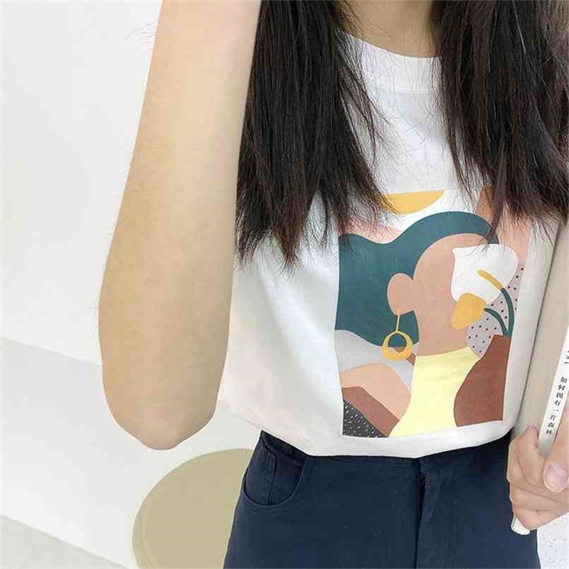 

Women's Summer T Shirt Cartoon Print Casual White T-Shirts Fashion Cotton Tops For Tees Blusa 210708