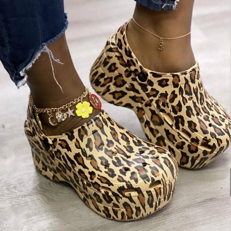 

Leopard Shoes Serpentine Small Hole Women High Heel Sandals Cute Slippers Platform Summer Ladies Casual, Black
