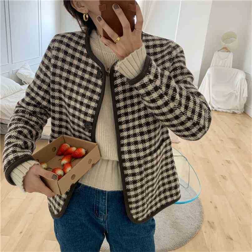 

Korean Woolen Fashion High Waist Streetwear Plaid Female Chic All Match Warm Gentle Office Lady Coats 210525, Photo color