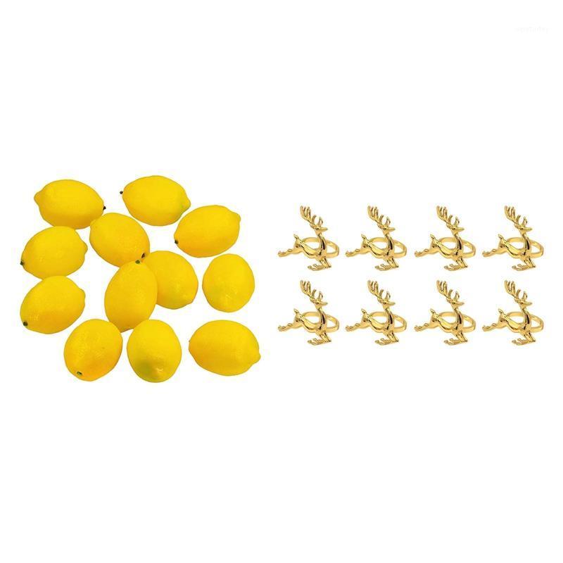 

Party Decoration 12Pcs Artificial Lemons Fake Fruit Yellow & 8X Napkin Rings,Gold Elk Chic Rings
