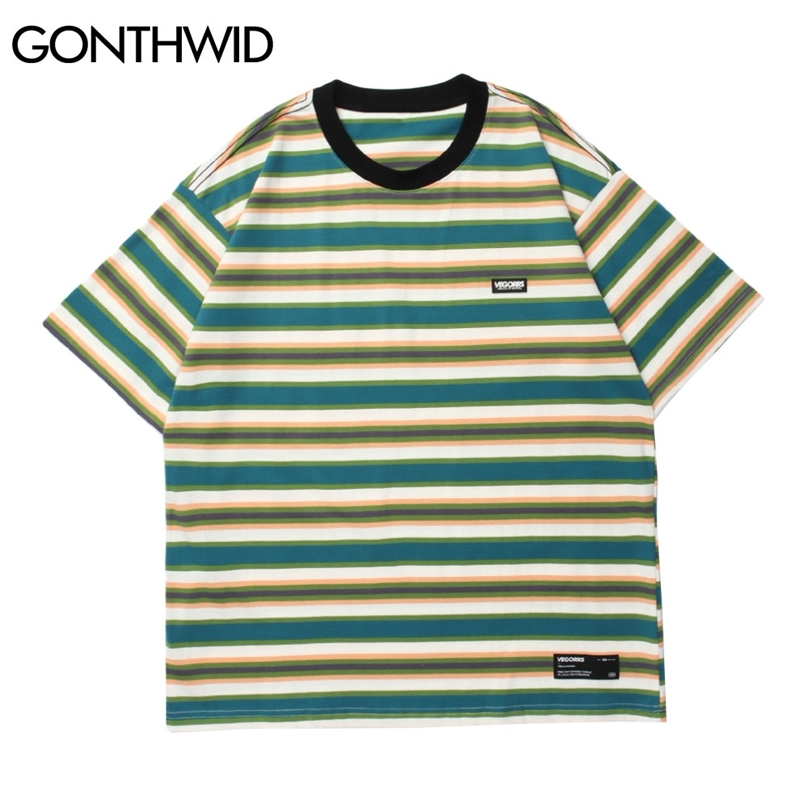 

Tshirts Harajuku Stripe Short Sleeve Tees Shirts Streetwear Hip Hop Casual Cotton Loose T-Shirts Men Summer Tops 210602, Green