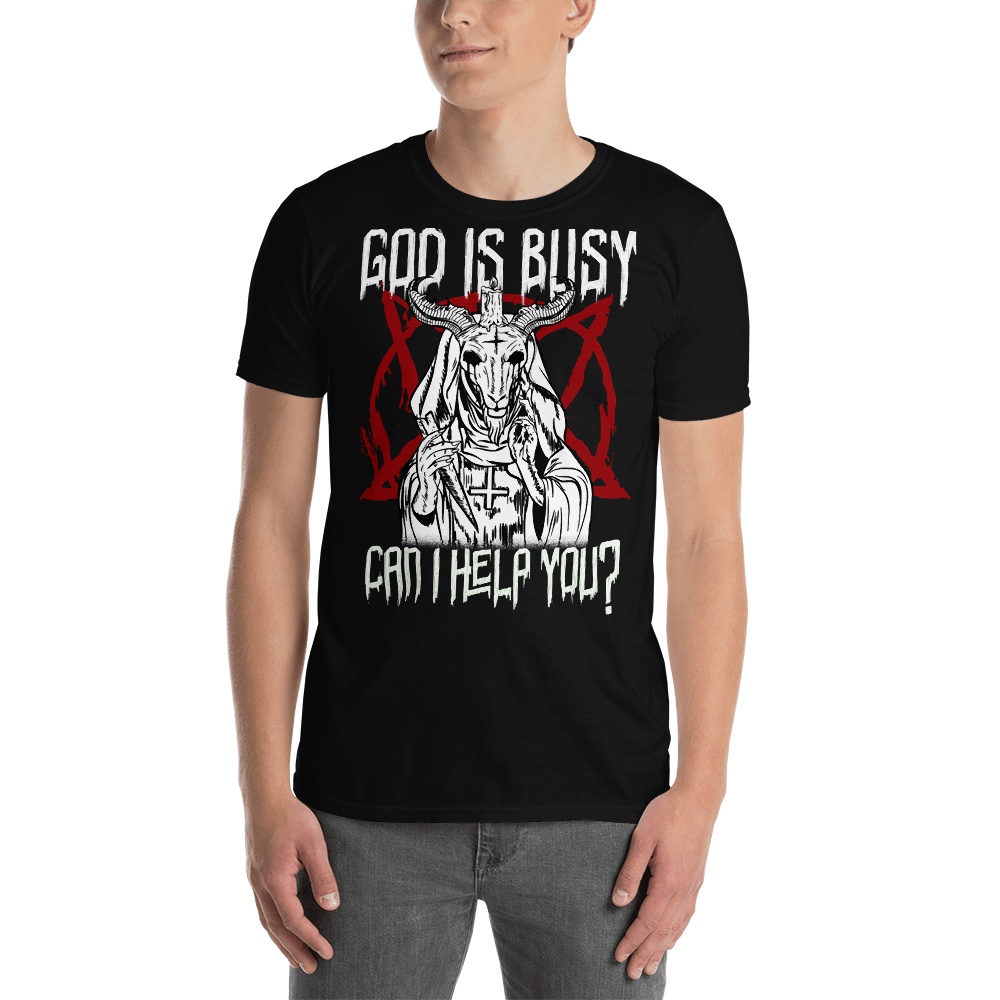 

God Is Busy Can I Help You Satanic Baphomet print Tshirt Short-Sleeve Unisex T-Shirt, Black